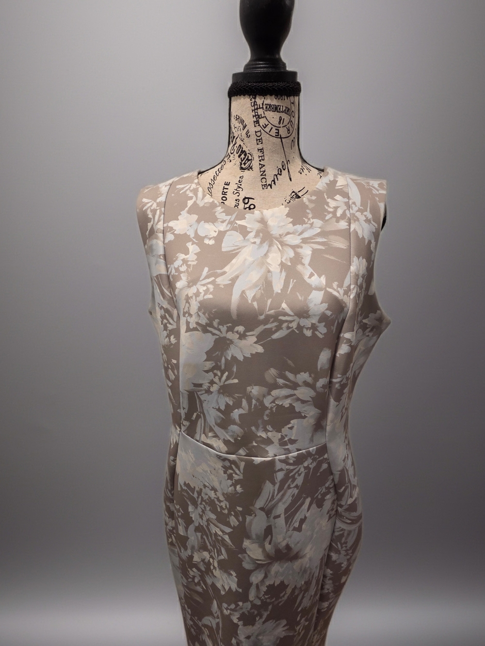 Calvin Klein Taupe Floral Sheath Dress with White Blooms